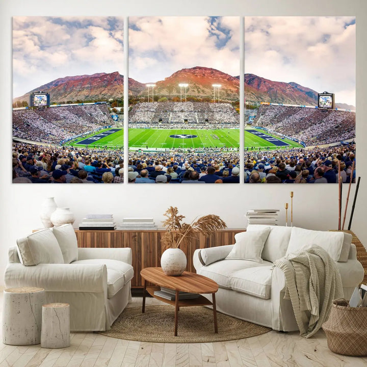 The Brigham Young University Cougars Football Team Print, featuring Provo's LaVell Edwards Stadium set against a mountainous backdrop, is beautifully rendered on museum-quality canvas.