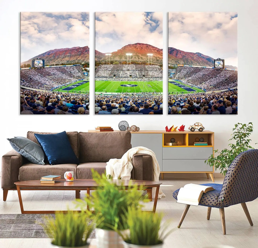 The Brigham Young University Cougars Football Team Print, featuring Provo's LaVell Edwards Stadium set against a mountainous backdrop, is beautifully rendered on museum-quality canvas.