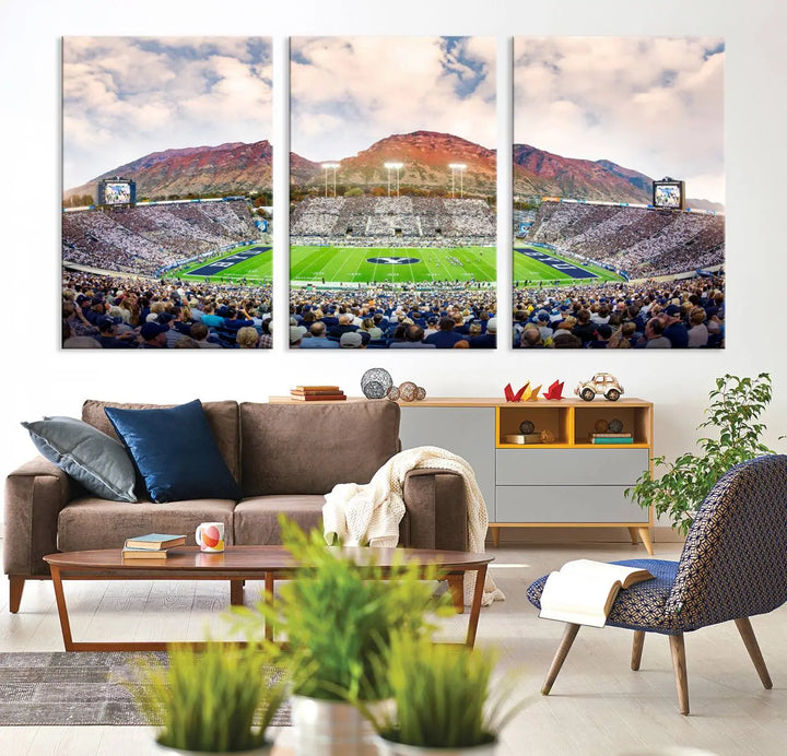 The Brigham Young University Cougars Football Team Print, featuring Provo's LaVell Edwards Stadium set against a mountainous backdrop, is beautifully rendered on museum-quality canvas.