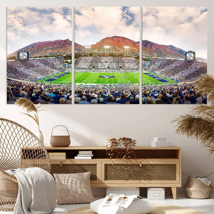 The Brigham Young University Cougars Football Team Print, featuring Provo's LaVell Edwards Stadium set against a mountainous backdrop, is beautifully rendered on museum-quality canvas.