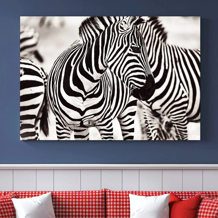 The room features the striking "Brilliant Zebra Photography Art Canvas Print Black and White," a triptych that showcases bold black and white stripes. This artwork is skillfully gallery wrapped on museum-quality canvas.