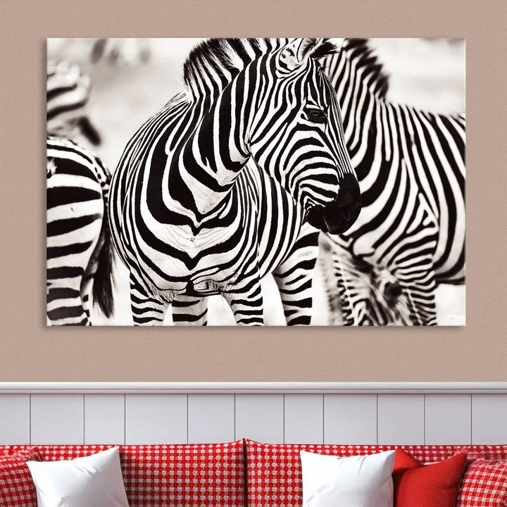 The room features the striking "Brilliant Zebra Photography Art Canvas Print Black and White," a triptych that showcases bold black and white stripes. This artwork is skillfully gallery wrapped on museum-quality canvas.