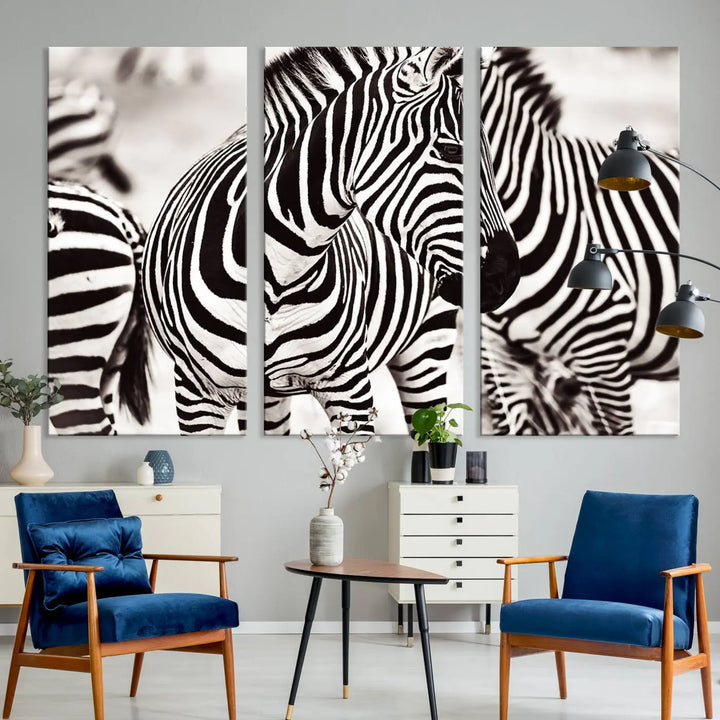 The room features the striking "Brilliant Zebra Photography Art Canvas Print Black and White," a triptych that showcases bold black and white stripes. This artwork is skillfully gallery wrapped on museum-quality canvas.