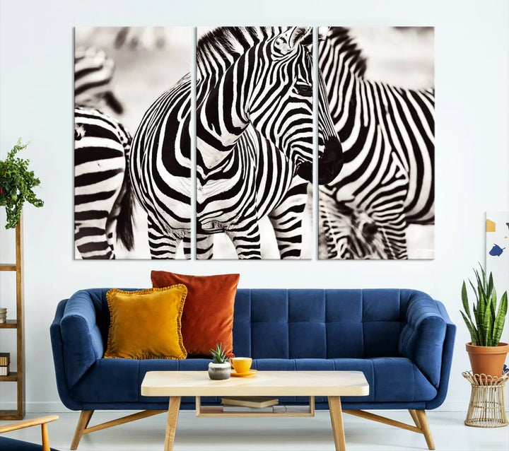 The room features the striking "Brilliant Zebra Photography Art Canvas Print Black and White," a triptych that showcases bold black and white stripes. This artwork is skillfully gallery wrapped on museum-quality canvas.