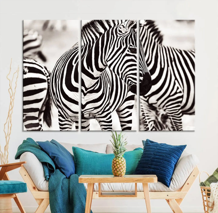 The room features the striking "Brilliant Zebra Photography Art Canvas Print Black and White," a triptych that showcases bold black and white stripes. This artwork is skillfully gallery wrapped on museum-quality canvas.