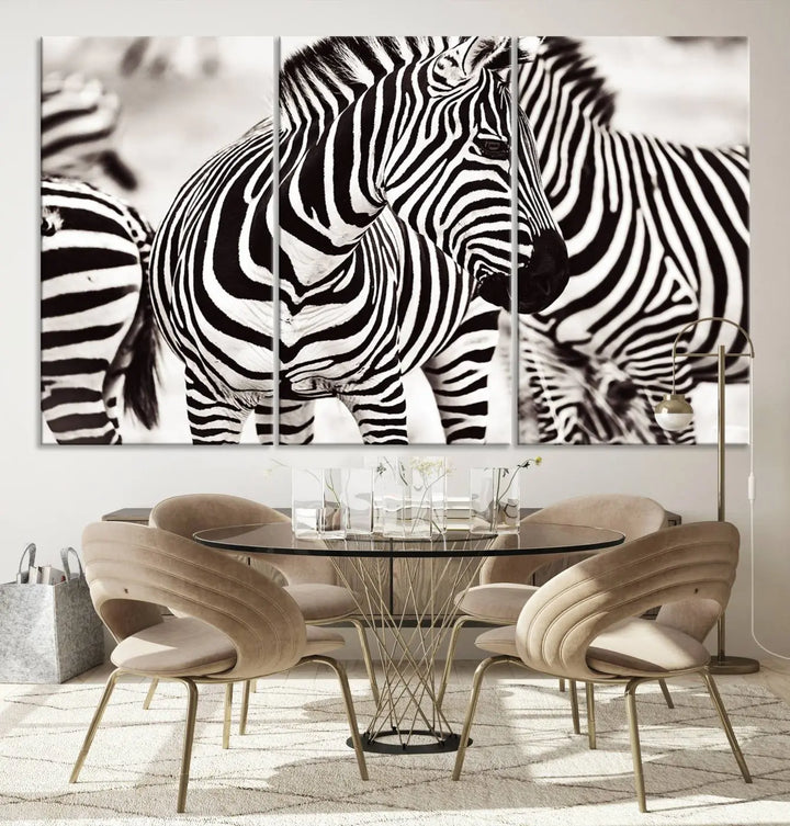 The room features the striking "Brilliant Zebra Photography Art Canvas Print Black and White," a triptych that showcases bold black and white stripes. This artwork is skillfully gallery wrapped on museum-quality canvas.