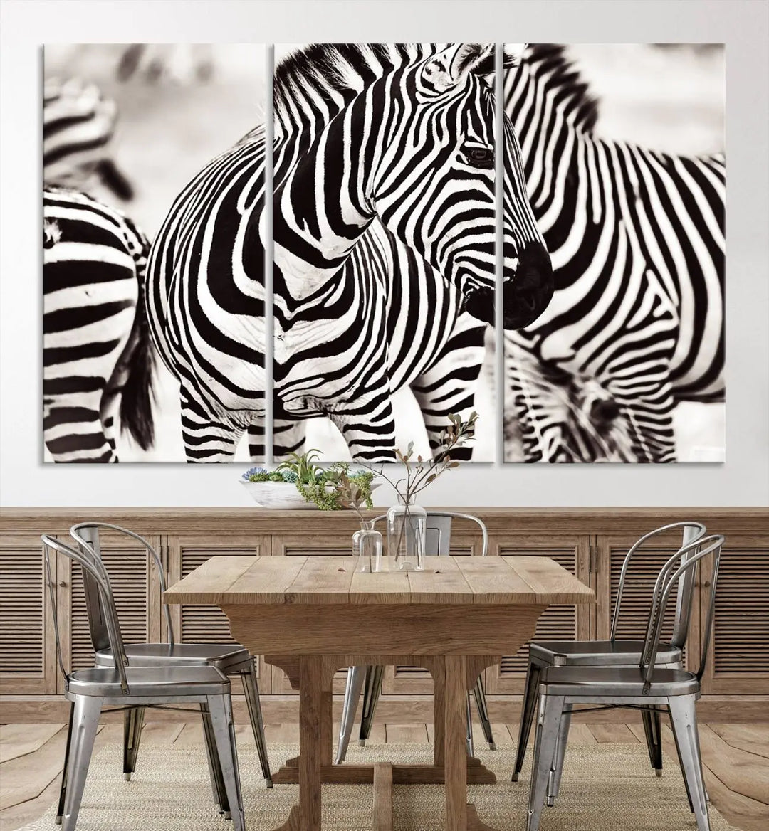 The room features the striking "Brilliant Zebra Photography Art Canvas Print Black and White," a triptych that showcases bold black and white stripes. This artwork is skillfully gallery wrapped on museum-quality canvas.