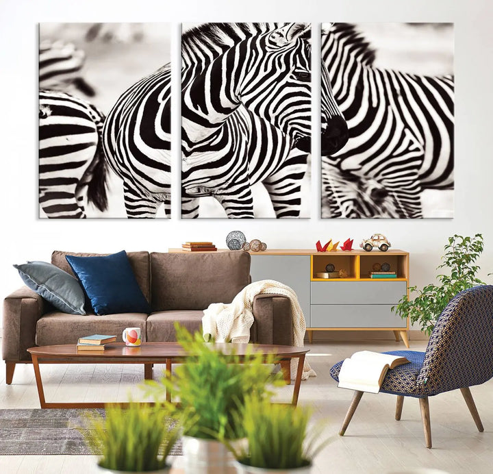 The room features the striking "Brilliant Zebra Photography Art Canvas Print Black and White," a triptych that showcases bold black and white stripes. This artwork is skillfully gallery wrapped on museum-quality canvas.