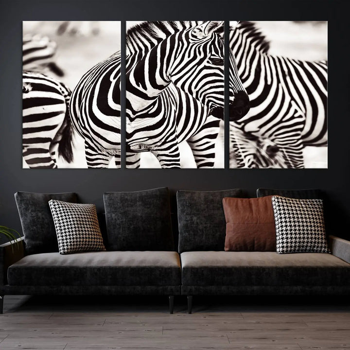 The room features the striking "Brilliant Zebra Photography Art Canvas Print Black and White," a triptych that showcases bold black and white stripes. This artwork is skillfully gallery wrapped on museum-quality canvas.