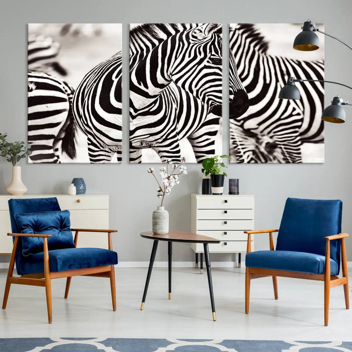 The room features the striking "Brilliant Zebra Photography Art Canvas Print Black and White," a triptych that showcases bold black and white stripes. This artwork is skillfully gallery wrapped on museum-quality canvas.