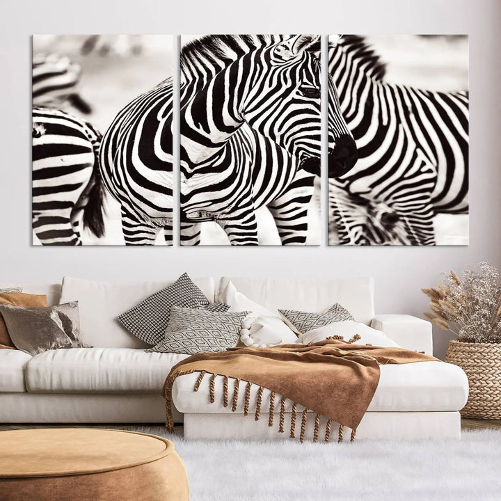 The room features the striking "Brilliant Zebra Photography Art Canvas Print Black and White," a triptych that showcases bold black and white stripes. This artwork is skillfully gallery wrapped on museum-quality canvas.