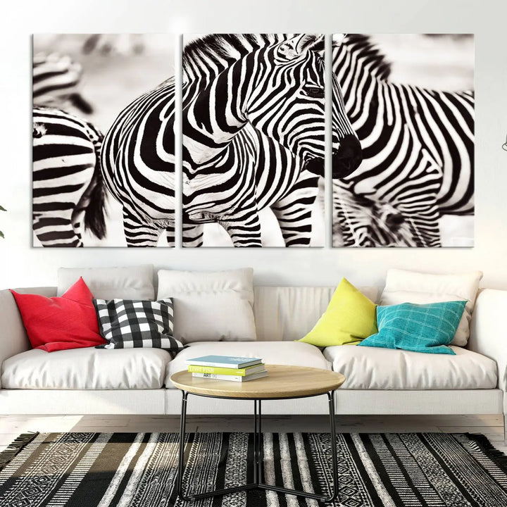 The room features the striking "Brilliant Zebra Photography Art Canvas Print Black and White," a triptych that showcases bold black and white stripes. This artwork is skillfully gallery wrapped on museum-quality canvas.