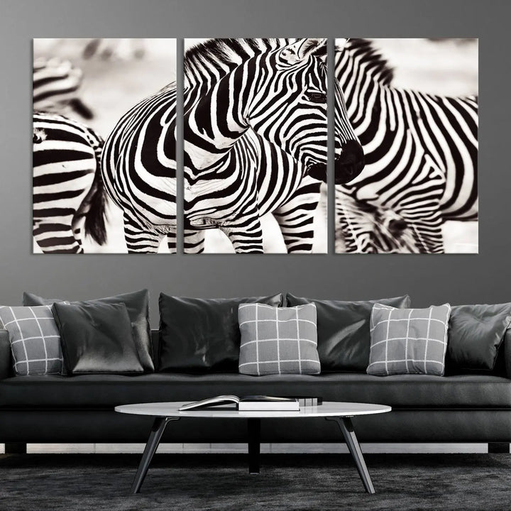 The room features the striking "Brilliant Zebra Photography Art Canvas Print Black and White," a triptych that showcases bold black and white stripes. This artwork is skillfully gallery wrapped on museum-quality canvas.