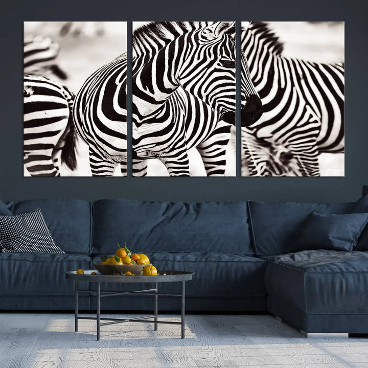 The room features the striking "Brilliant Zebra Photography Art Canvas Print Black and White," a triptych that showcases bold black and white stripes. This artwork is skillfully gallery wrapped on museum-quality canvas.