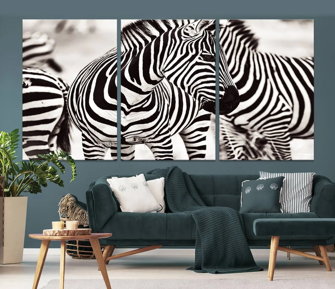 The room features the striking "Brilliant Zebra Photography Art Canvas Print Black and White," a triptych that showcases bold black and white stripes. This artwork is skillfully gallery wrapped on museum-quality canvas.