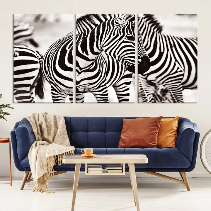 The room features the striking "Brilliant Zebra Photography Art Canvas Print Black and White," a triptych that showcases bold black and white stripes. This artwork is skillfully gallery wrapped on museum-quality canvas.