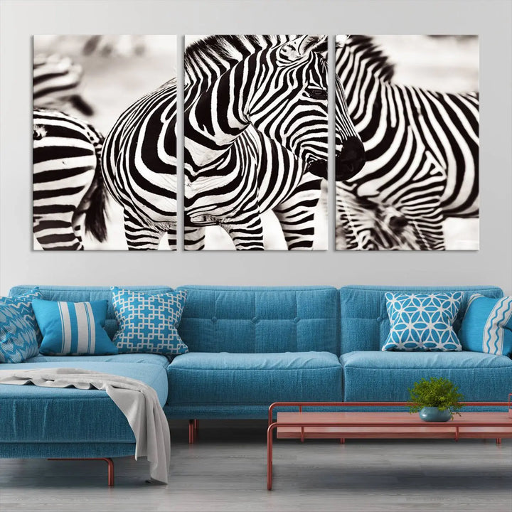 The room features the striking "Brilliant Zebra Photography Art Canvas Print Black and White," a triptych that showcases bold black and white stripes. This artwork is skillfully gallery wrapped on museum-quality canvas.