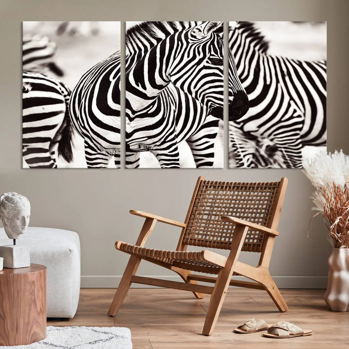 The room features the striking "Brilliant Zebra Photography Art Canvas Print Black and White," a triptych that showcases bold black and white stripes. This artwork is skillfully gallery wrapped on museum-quality canvas.