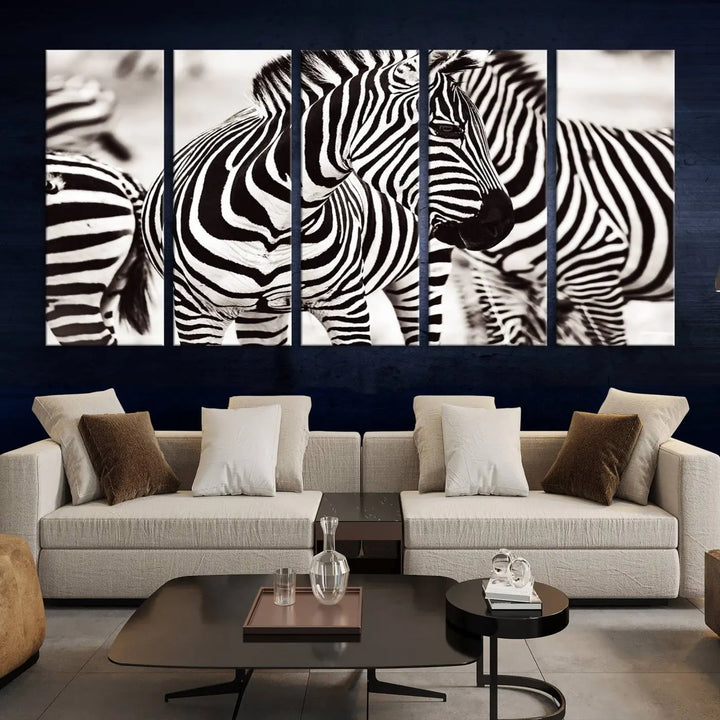 The room features the striking "Brilliant Zebra Photography Art Canvas Print Black and White," a triptych that showcases bold black and white stripes. This artwork is skillfully gallery wrapped on museum-quality canvas.