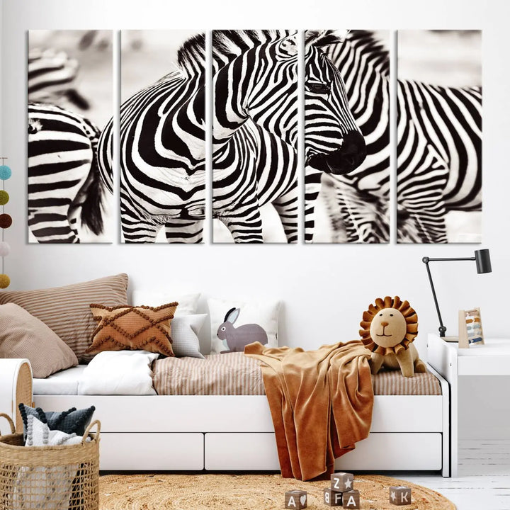 The room features the striking "Brilliant Zebra Photography Art Canvas Print Black and White," a triptych that showcases bold black and white stripes. This artwork is skillfully gallery wrapped on museum-quality canvas.