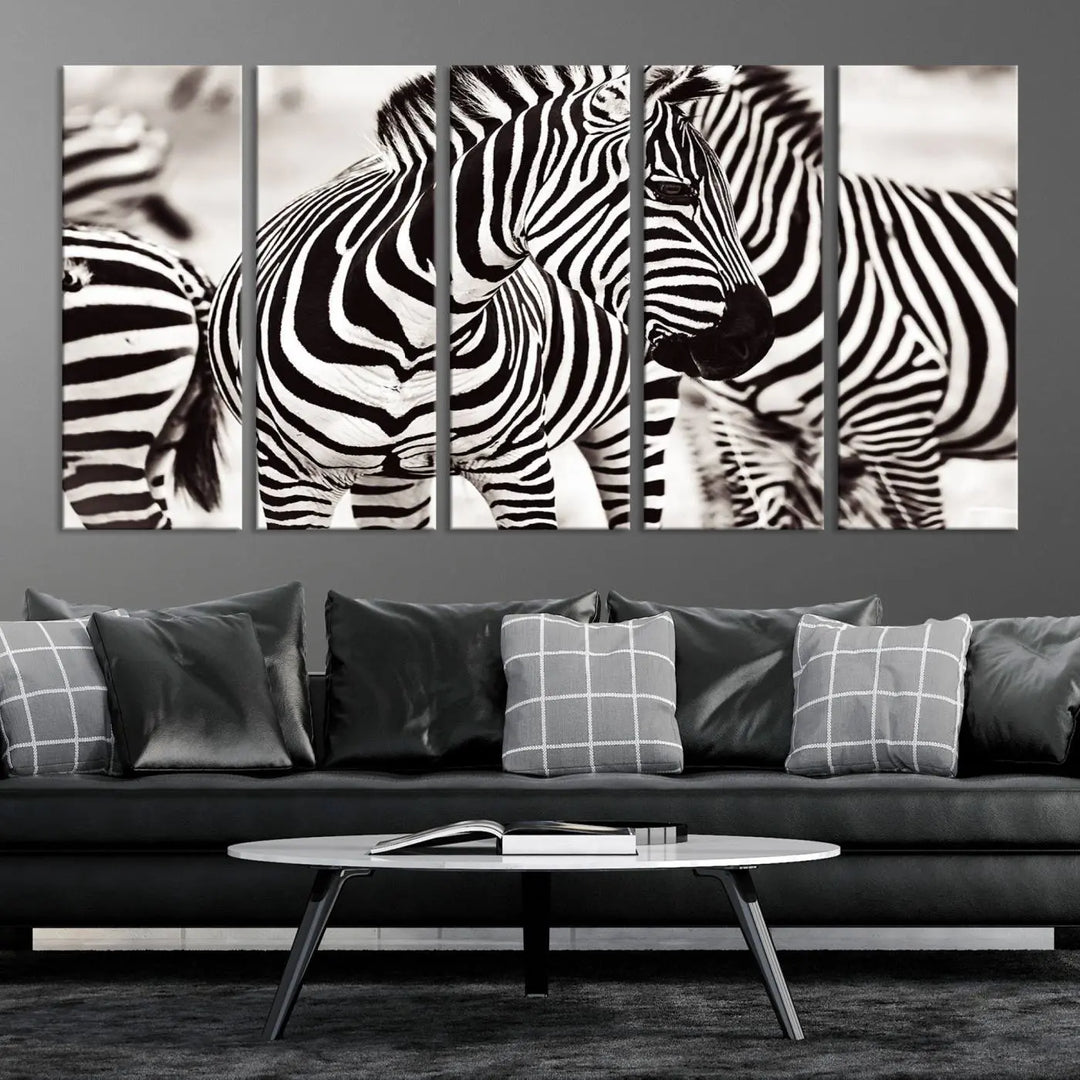 The room features the striking "Brilliant Zebra Photography Art Canvas Print Black and White," a triptych that showcases bold black and white stripes. This artwork is skillfully gallery wrapped on museum-quality canvas.