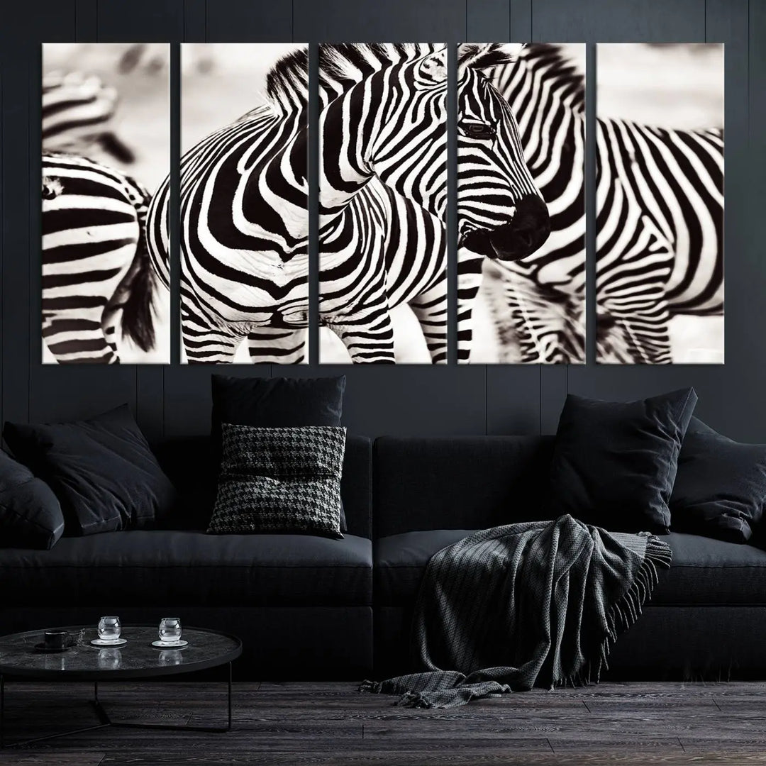 The room features the striking "Brilliant Zebra Photography Art Canvas Print Black and White," a triptych that showcases bold black and white stripes. This artwork is skillfully gallery wrapped on museum-quality canvas.