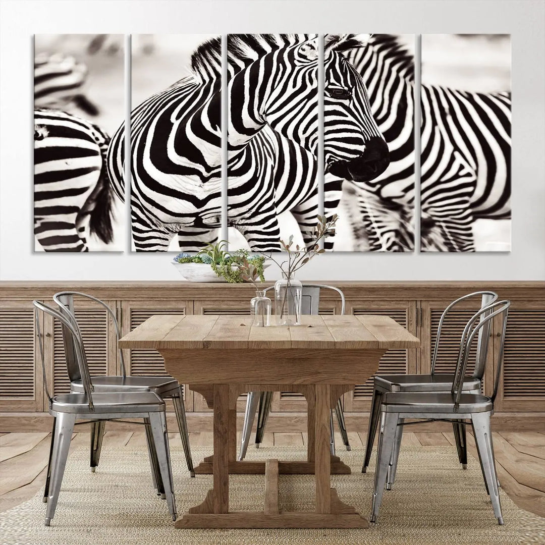 The room features the striking "Brilliant Zebra Photography Art Canvas Print Black and White," a triptych that showcases bold black and white stripes. This artwork is skillfully gallery wrapped on museum-quality canvas.