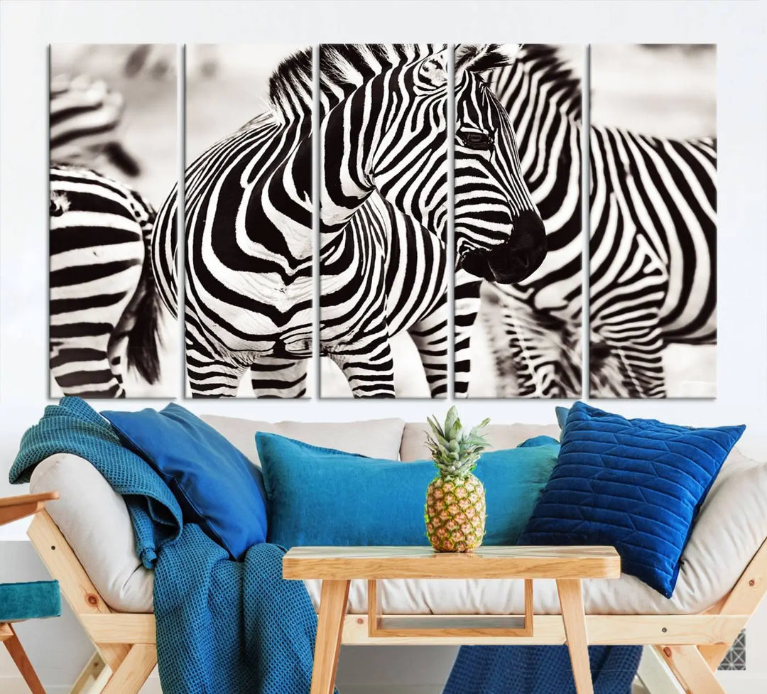 The room features the striking "Brilliant Zebra Photography Art Canvas Print Black and White," a triptych that showcases bold black and white stripes. This artwork is skillfully gallery wrapped on museum-quality canvas.