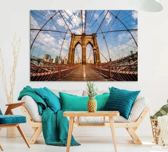 The Brooklyn Bridge Manhattan Wall Art Canvas Print, featuring three panels on museum-quality canvas with UV protection, hangs as an effortlessly elegant focal point in a minimalist living room.