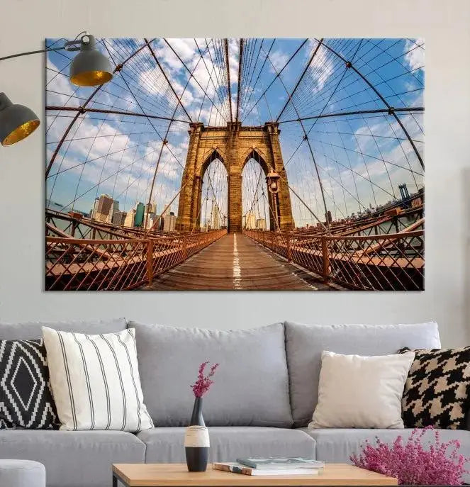 The Brooklyn Bridge Manhattan Wall Art Canvas Print, featuring three panels on museum-quality canvas with UV protection, hangs as an effortlessly elegant focal point in a minimalist living room.