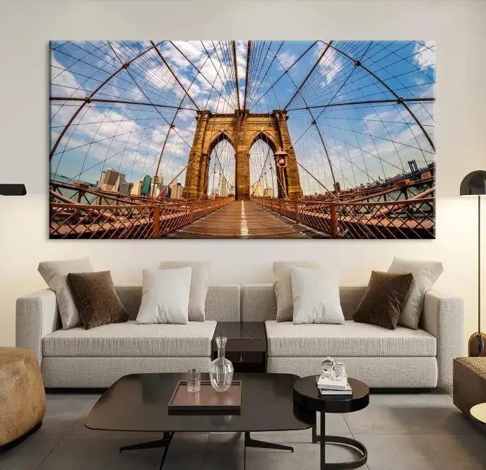 The Brooklyn Bridge Manhattan Wall Art Canvas Print, featuring three panels on museum-quality canvas with UV protection, hangs as an effortlessly elegant focal point in a minimalist living room.