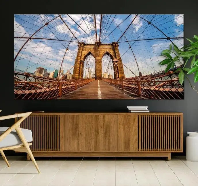 The Brooklyn Bridge Manhattan Wall Art Canvas Print, featuring three panels on museum-quality canvas with UV protection, hangs as an effortlessly elegant focal point in a minimalist living room.