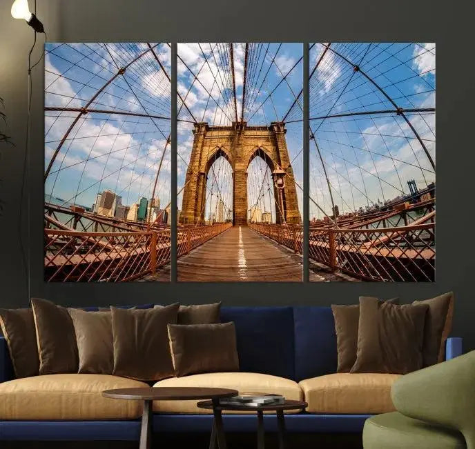 The Brooklyn Bridge Manhattan Wall Art Canvas Print, featuring three panels on museum-quality canvas with UV protection, hangs as an effortlessly elegant focal point in a minimalist living room.