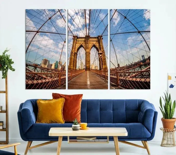 The Brooklyn Bridge Manhattan Wall Art Canvas Print, featuring three panels on museum-quality canvas with UV protection, hangs as an effortlessly elegant focal point in a minimalist living room.