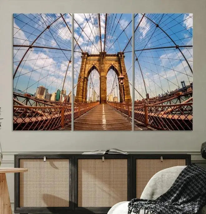 The Brooklyn Bridge Manhattan Wall Art Canvas Print, featuring three panels on museum-quality canvas with UV protection, hangs as an effortlessly elegant focal point in a minimalist living room.