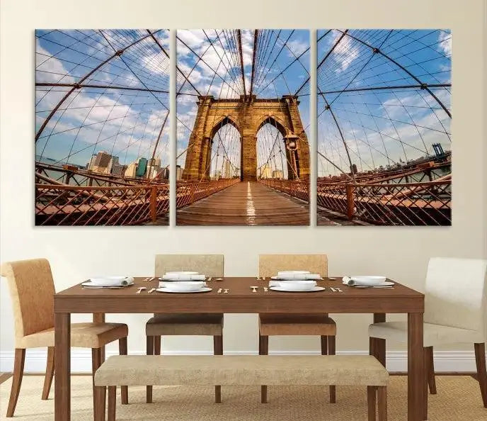 The Brooklyn Bridge Manhattan Wall Art Canvas Print, featuring three panels on museum-quality canvas with UV protection, hangs as an effortlessly elegant focal point in a minimalist living room.