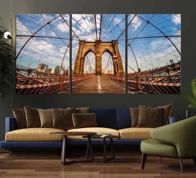 The Brooklyn Bridge Manhattan Wall Art Canvas Print, featuring three panels on museum-quality canvas with UV protection, hangs as an effortlessly elegant focal point in a minimalist living room.