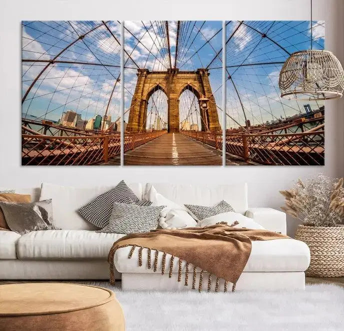 The Brooklyn Bridge Manhattan Wall Art Canvas Print, featuring three panels on museum-quality canvas with UV protection, hangs as an effortlessly elegant focal point in a minimalist living room.