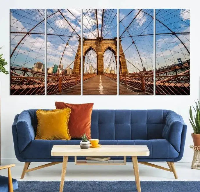 The Brooklyn Bridge Manhattan Wall Art Canvas Print, featuring three panels on museum-quality canvas with UV protection, hangs as an effortlessly elegant focal point in a minimalist living room.