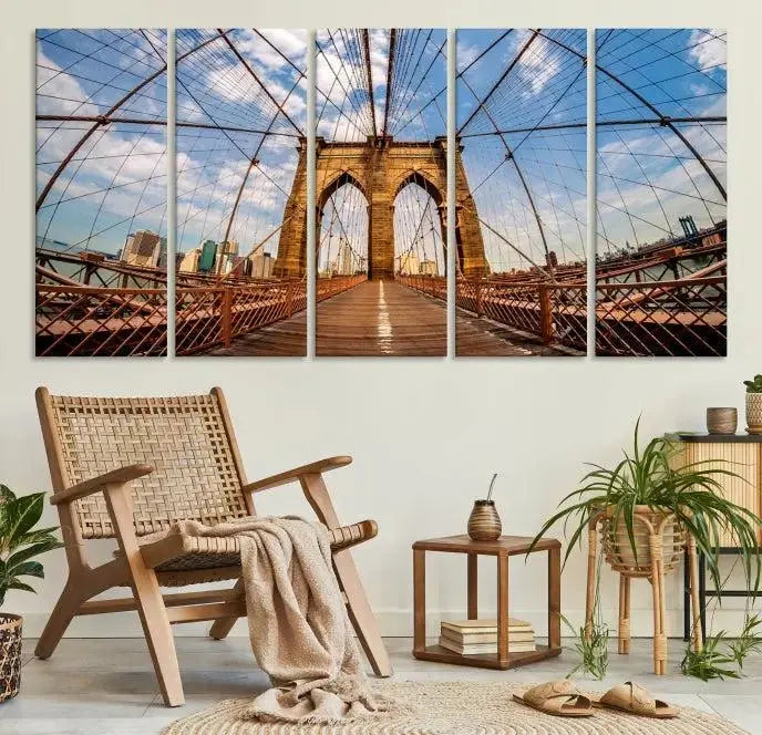 The Brooklyn Bridge Manhattan Wall Art Canvas Print, featuring three panels on museum-quality canvas with UV protection, hangs as an effortlessly elegant focal point in a minimalist living room.