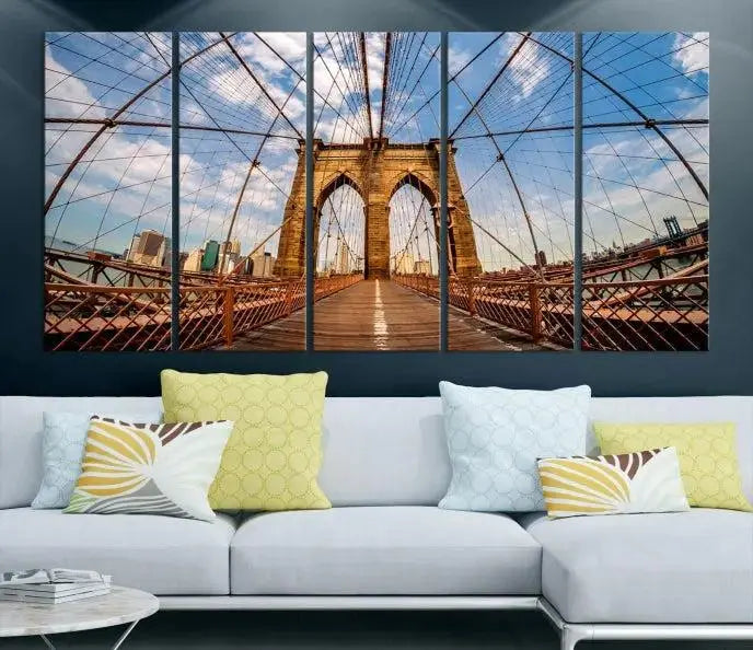 The Brooklyn Bridge Manhattan Wall Art Canvas Print, featuring three panels on museum-quality canvas with UV protection, hangs as an effortlessly elegant focal point in a minimalist living room.