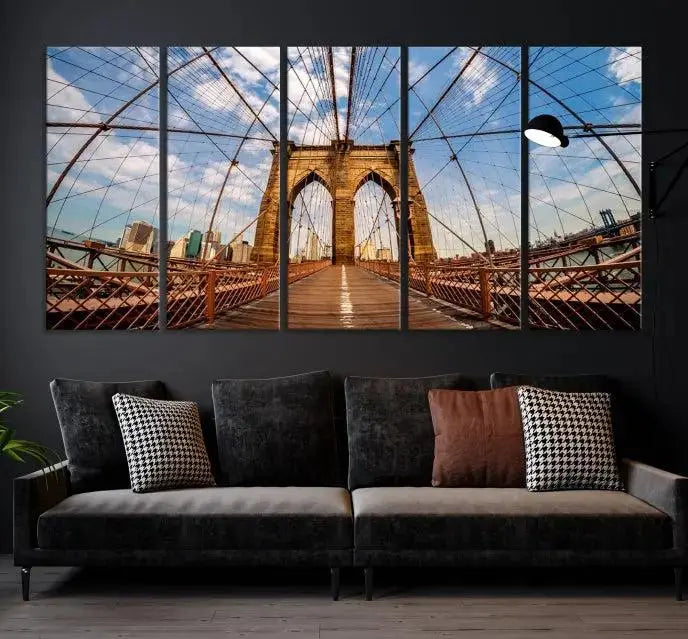 The Brooklyn Bridge Manhattan Wall Art Canvas Print, featuring three panels on museum-quality canvas with UV protection, hangs as an effortlessly elegant focal point in a minimalist living room.