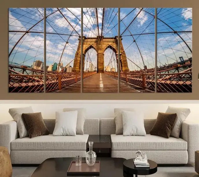 The Brooklyn Bridge Manhattan Wall Art Canvas Print, featuring three panels on museum-quality canvas with UV protection, hangs as an effortlessly elegant focal point in a minimalist living room.