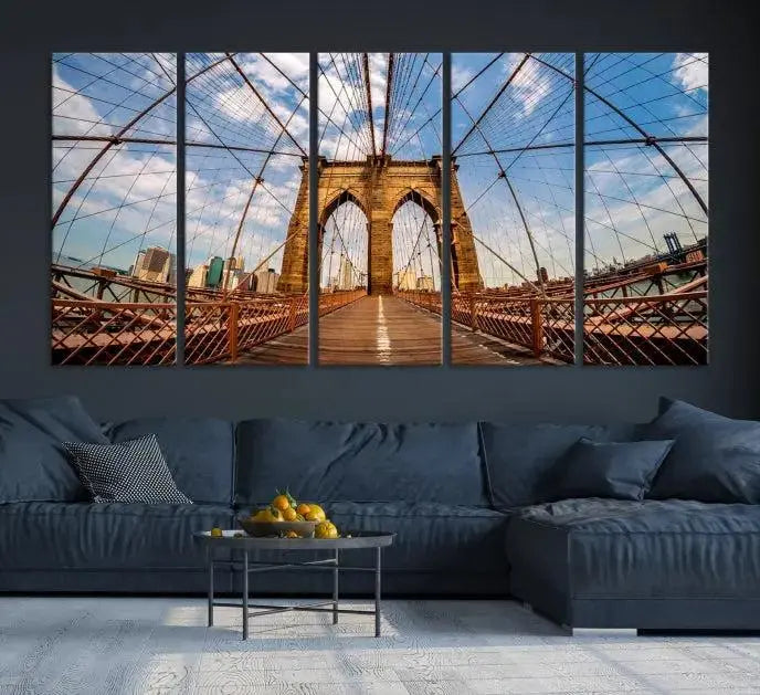 The Brooklyn Bridge Manhattan Wall Art Canvas Print, featuring three panels on museum-quality canvas with UV protection, hangs as an effortlessly elegant focal point in a minimalist living room.