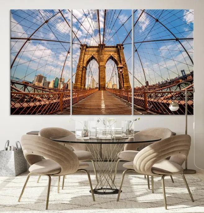 The Brooklyn Bridge Manhattan Wall Art Canvas Print, featuring three panels on museum-quality canvas with UV protection, hangs as an effortlessly elegant focal point in a minimalist living room.