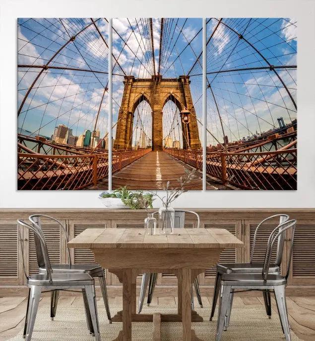 The Brooklyn Bridge Manhattan Wall Art Canvas Print, featuring three panels on museum-quality canvas with UV protection, hangs as an effortlessly elegant focal point in a minimalist living room.