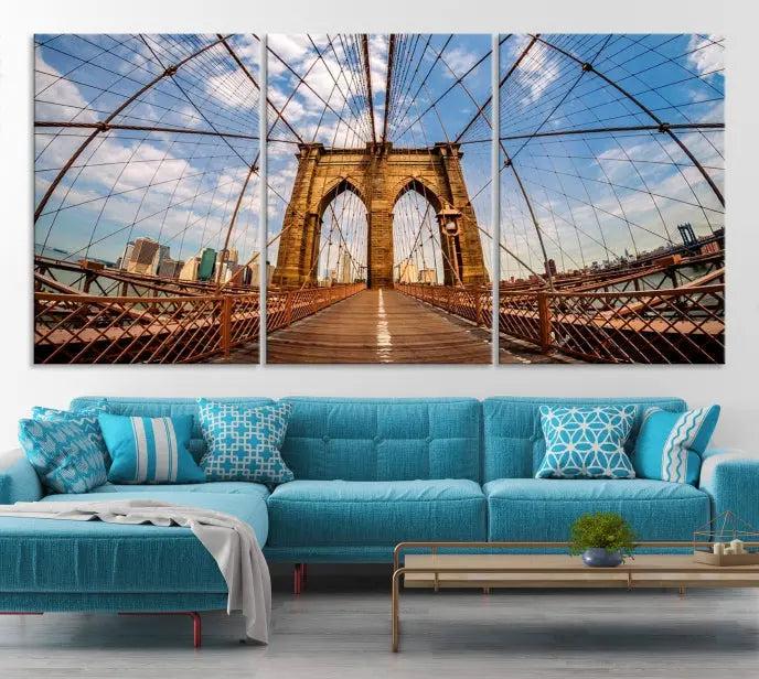 The Brooklyn Bridge Manhattan Wall Art Canvas Print, featuring three panels on museum-quality canvas with UV protection, hangs as an effortlessly elegant focal point in a minimalist living room.