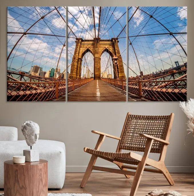 The Brooklyn Bridge Manhattan Wall Art Canvas Print, featuring three panels on museum-quality canvas with UV protection, hangs as an effortlessly elegant focal point in a minimalist living room.