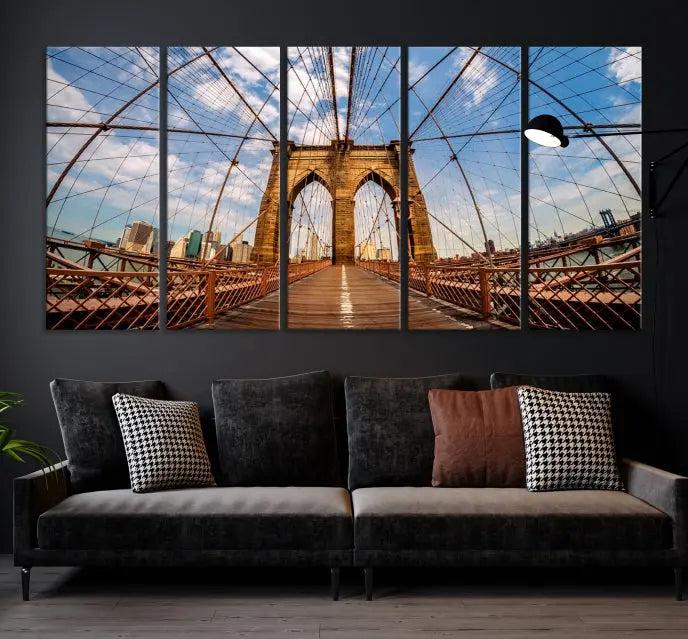 The Brooklyn Bridge Manhattan Wall Art Canvas Print, featuring three panels on museum-quality canvas with UV protection, hangs as an effortlessly elegant focal point in a minimalist living room.