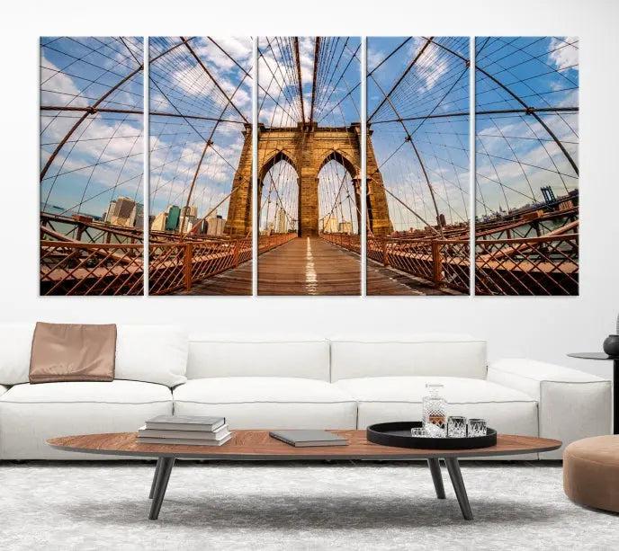 The Brooklyn Bridge Manhattan Wall Art Canvas Print, featuring three panels on museum-quality canvas with UV protection, hangs as an effortlessly elegant focal point in a minimalist living room.